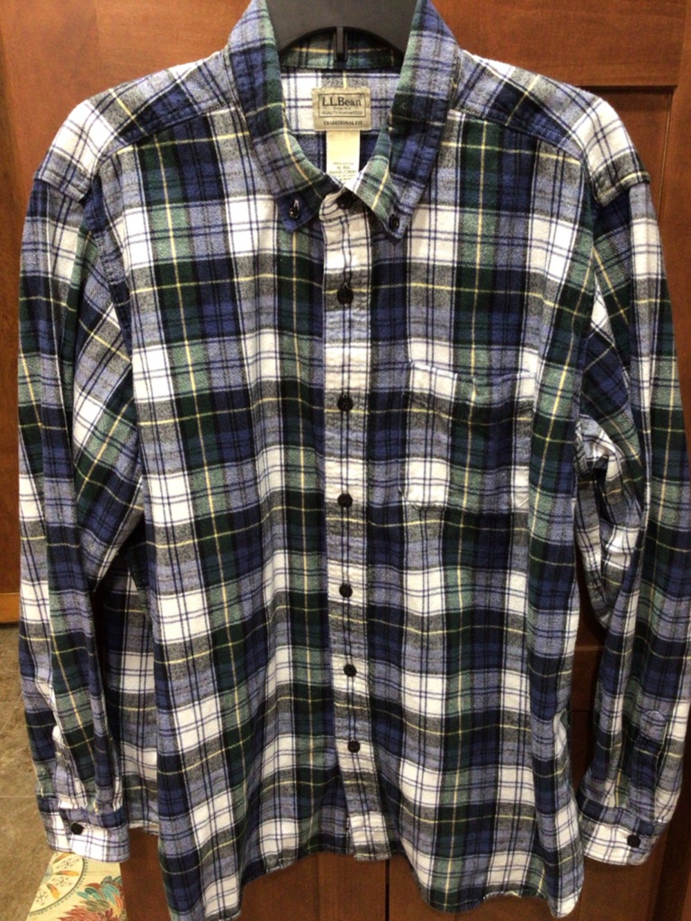 LL Bean Scotch Plaid Flannel Shirt Men’s XLARGE Green White Black Blue 228061